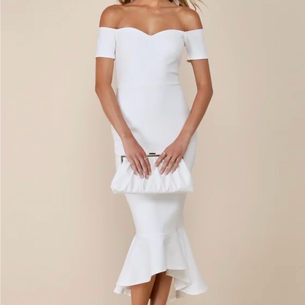 Off-Shoulder White Midi Dress with Flounce Hem
